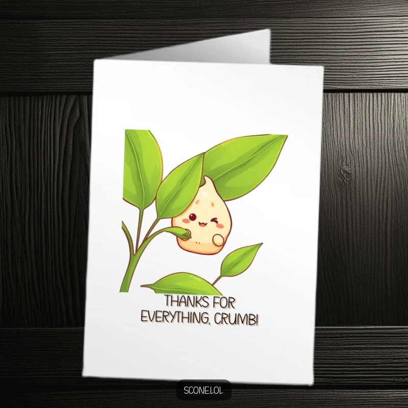 Funny Free Printable Thank You Card: Scone character peeking with a grin from behind a large tea leaf, expressing thanks.