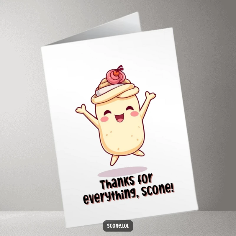 Funny Free Printable Thank You Card: A scone beams with happiness while wearing a teacup hat and jumping.