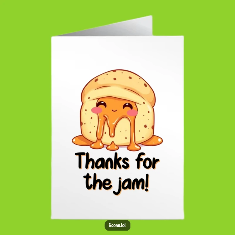Show your thanks with this free printable card of a scone enjoying its jam. Easy to print at home and share a laugh!