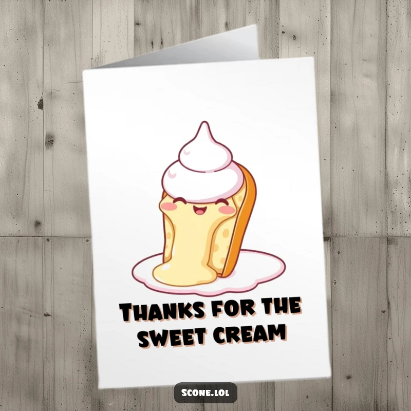 Funny free printable thank you card with a scone happily sliding down a generous dollop of cream.