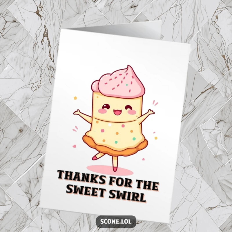 Funny Free Printable Thank You Card: A scone does a whimsical pirouette, its jam swirling dramatically. Elegant and funny downloadable appreciation.