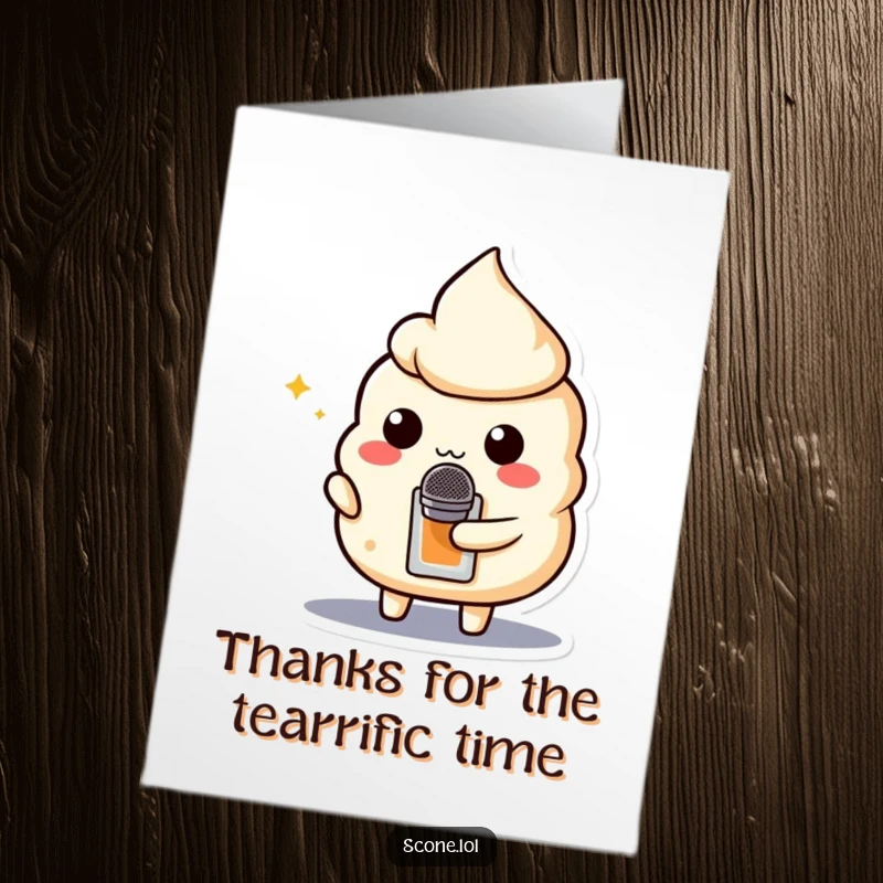 Funny Free Printable Thank You Card: A scone character holding a teabag like a microphone, singing thanks.