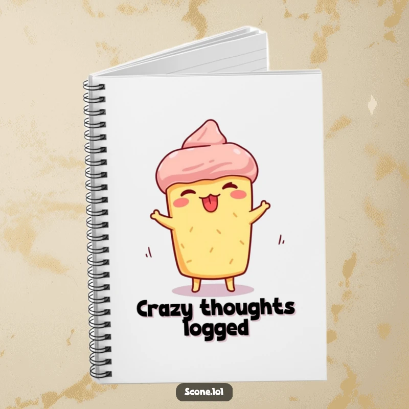 Funny scone notebook, showing a scone making a silly face with tongue sticking out while spinning, ideal for jotting down humorous notes.