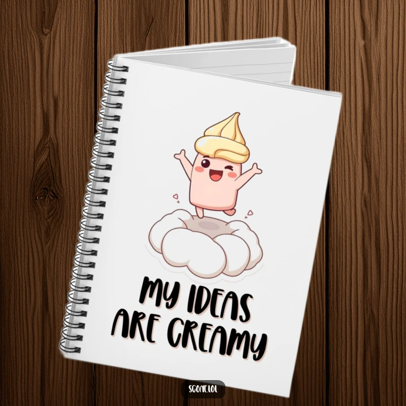 Funny notebook featuring a scone character joyfully leaping into cream, ideal for writing down happy thoughts and ideas.