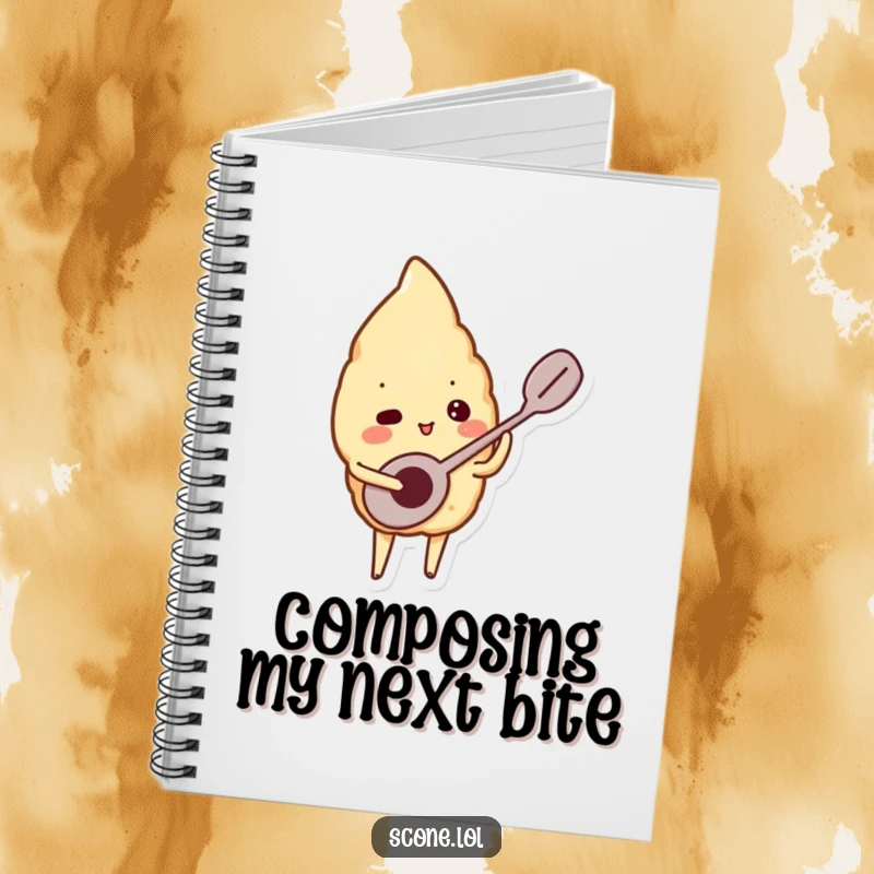 Funny notebook featuring a scone character playing a tiny spoon like a musical instrument, ideal for jotting down creative ideas.