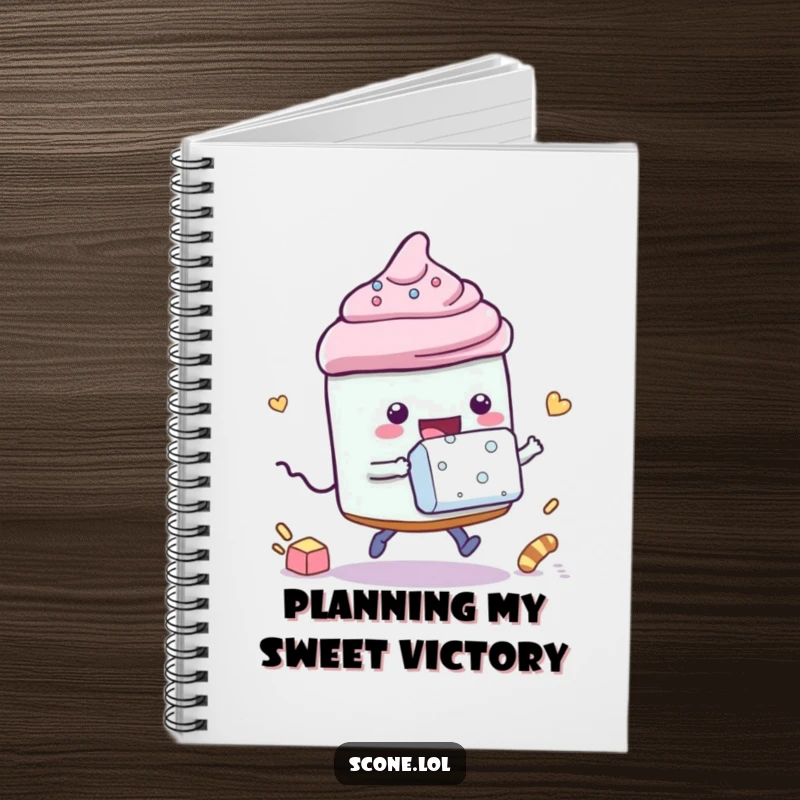 Funny notebook featuring a scone character playfully racing a sugar cube, ideal for writing down goals and plans.