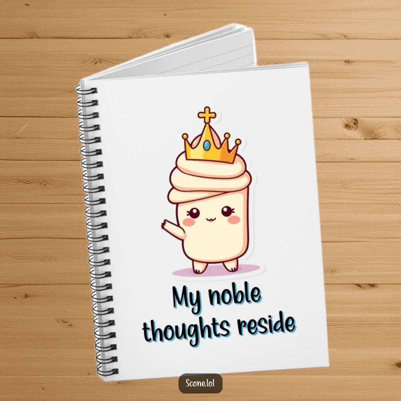 Funny notebook featuring a scone character in a tiny crown, striking a regal pose, ideal for jotting down majestic ideas.