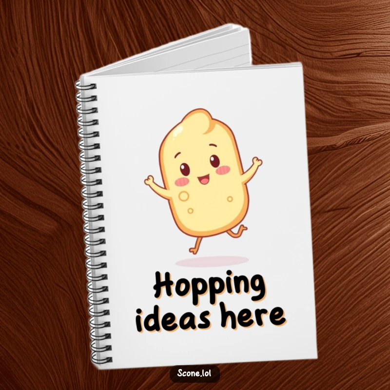 Funny scone with crumbly legs hopping on a notebook cover, ideal for capturing ideas and inspiration.