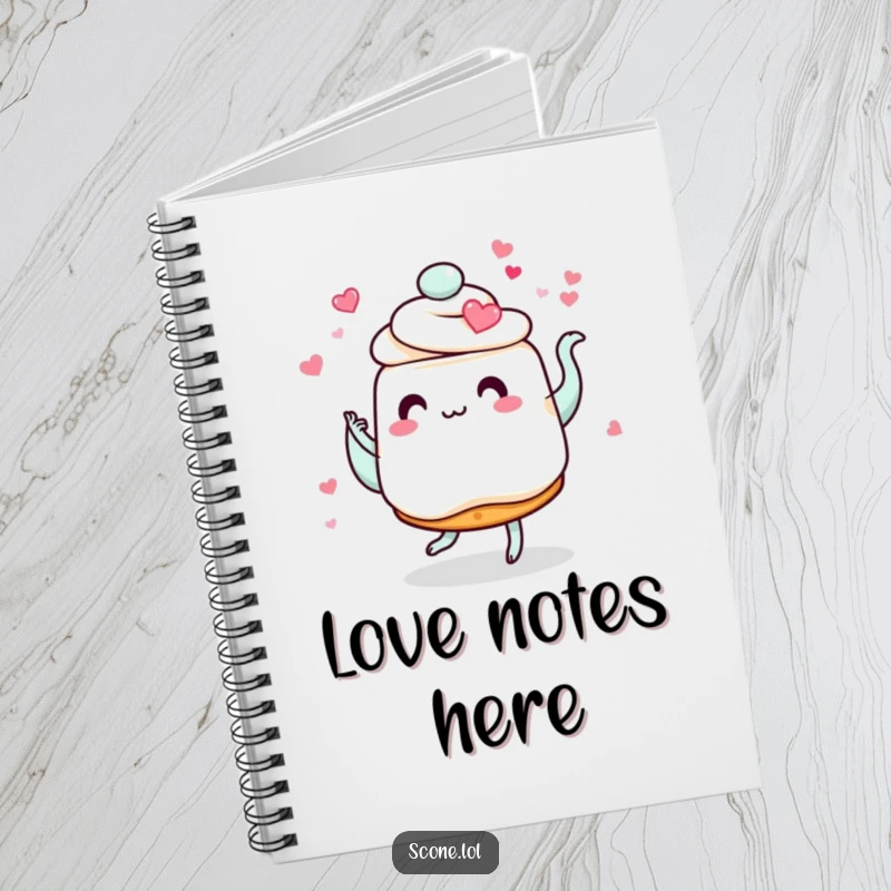 Funny scone notebook, showing a scone with heart eyes dancing with a swirling teapot, ideal for jotting down romantic and humorous notes.
