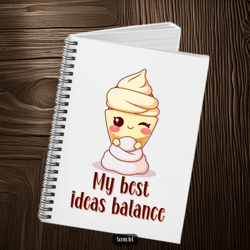 Funny scone character winking and balancing cream, featured on the cover of a handy notebook for writing.