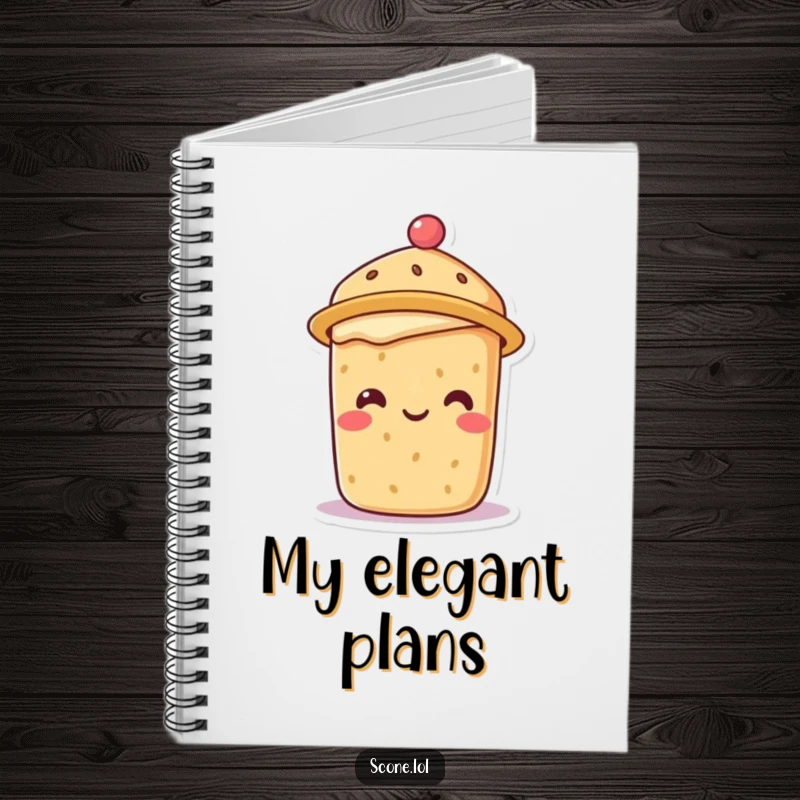 Smiling scone character wearing a miniature tea hat, featured on the cover of this humorous notebook.