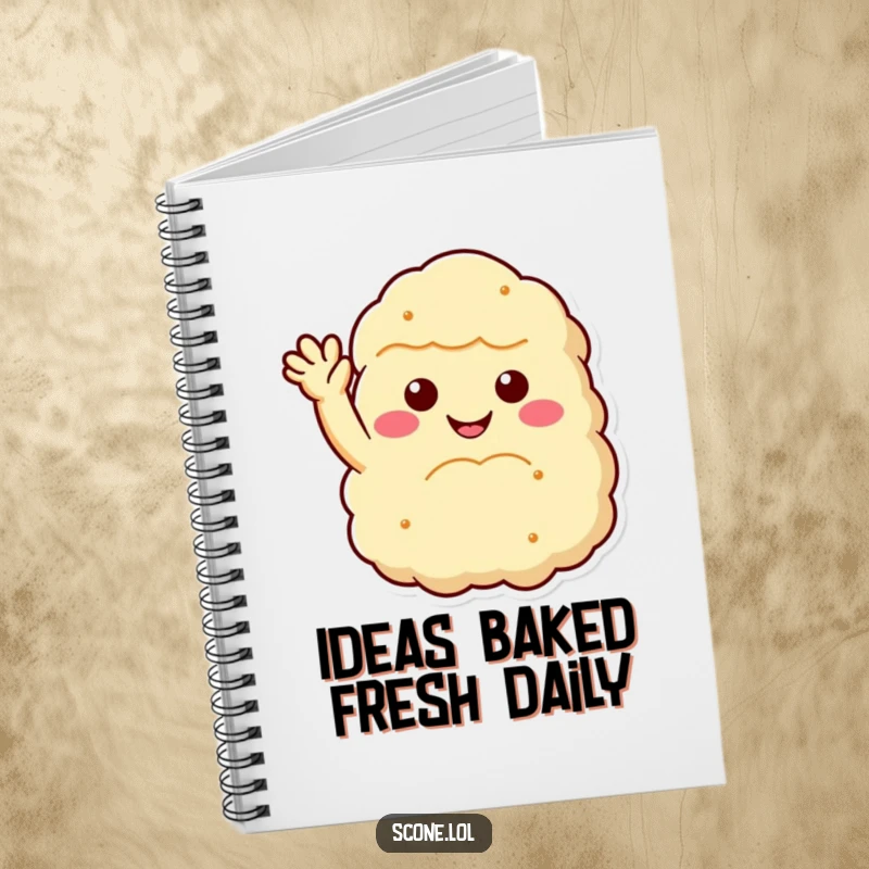 Funny scone notebook with a fluffy, smiling scone waving hello, perfect for journaling and as a memorable funny gift for note-takers.