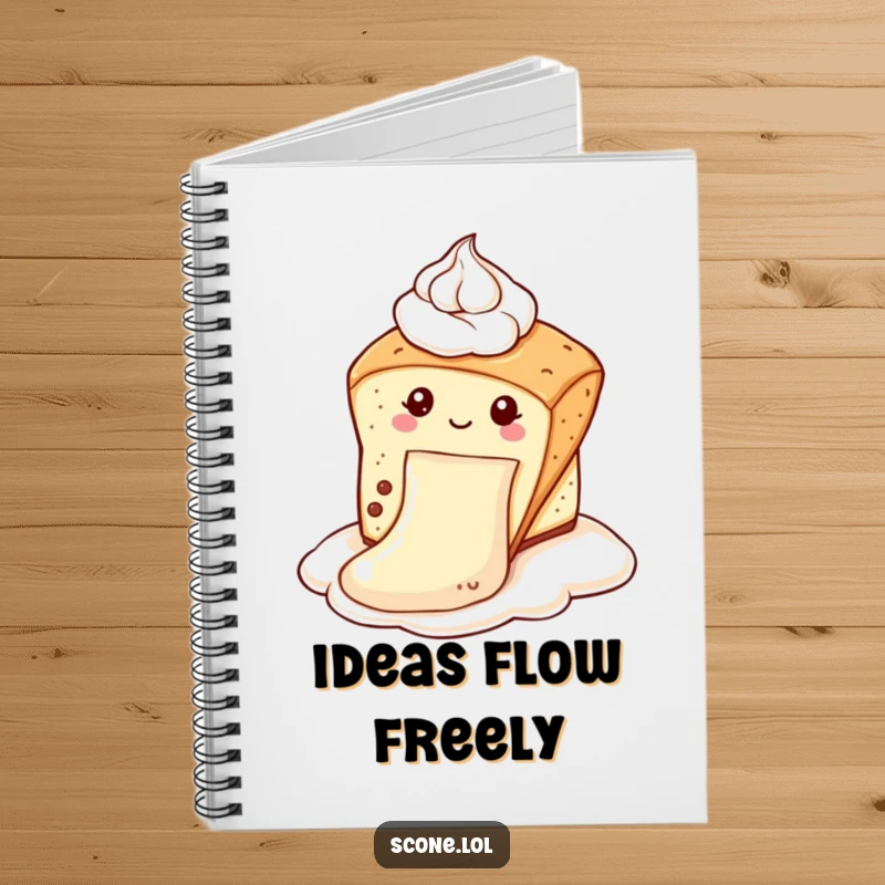 Funny scone notebook featuring a scone sliding down a dollop of cream like a slide, ideal for journaling and as a funny gift.