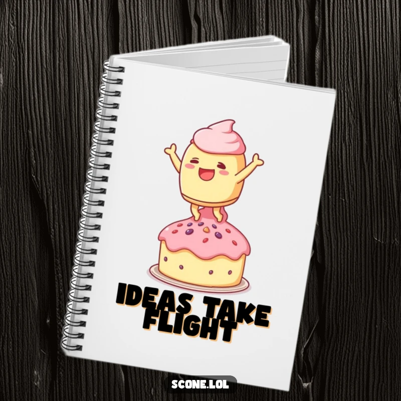 Funny notebook featuring a scone character leaping joyfully onto a tiny teacake, perfect for capturing sweet and joyful thoughts.