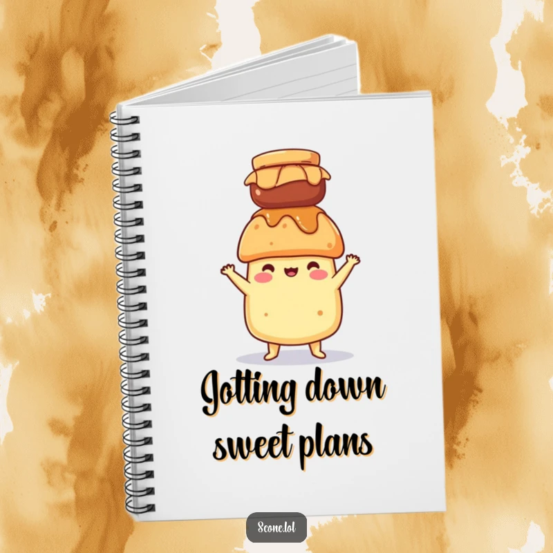 Funny notebook featuring a scone character balancing a jar of jam on its head, ideal for writing down balanced ideas.