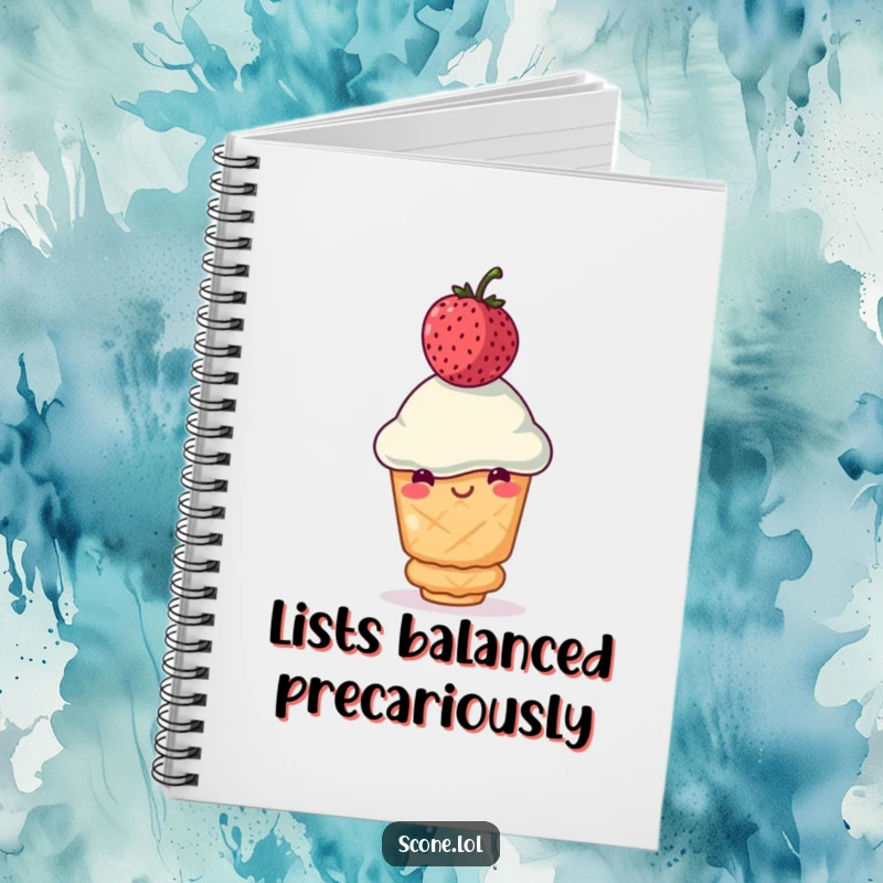 Funny scone notebook featuring a smiling scone balancing a wobbly berry on its head, ideal for journaling and as a funny gift.