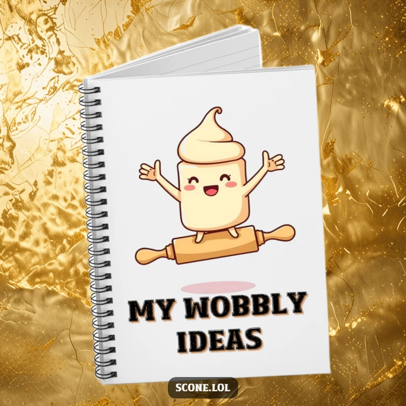 Funny notebook cover with a scone character comically balancing on a rolling pin, arms flailing, perfect for note-taking with a smile.
