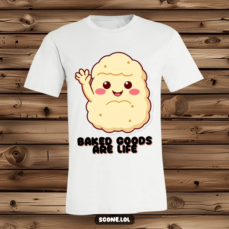 Funny scone t-shirt showcasing a fluffy scone with a big smile enthusiastically waving, ideal for scone fans and as a funny gift.