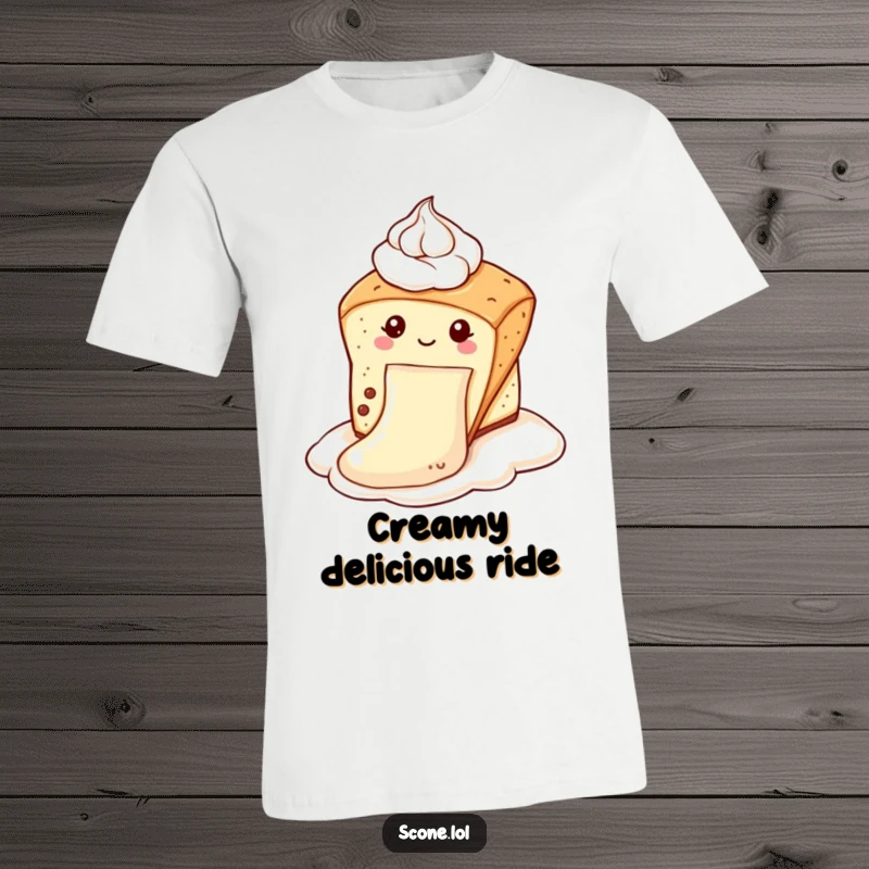 Funny scone t-shirt of a scone joyfully sliding down a dollop of cream like a playground slide, making it a funny gift.