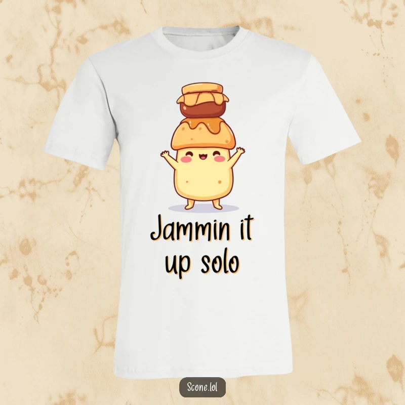 Funny t-shirt design of a scone character balancing a jar of jam on its head, showcasing impressive, humorous coordination.