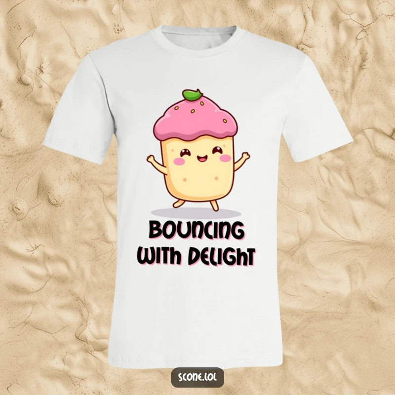 Funny t-shirt featuring a smiling scone character doing a happy little bounce, embodying cheerful baked goods energy.