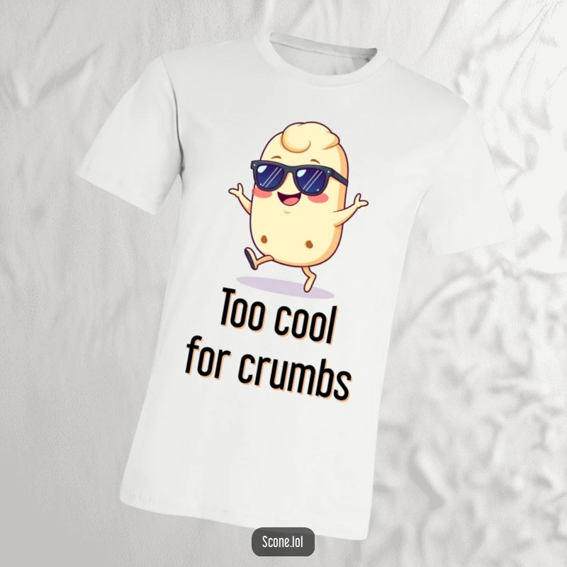 Funny cool scone t-shirt, wearing sunglasses and doing a confident hop with a grin, ideal for casual, stylish wear.