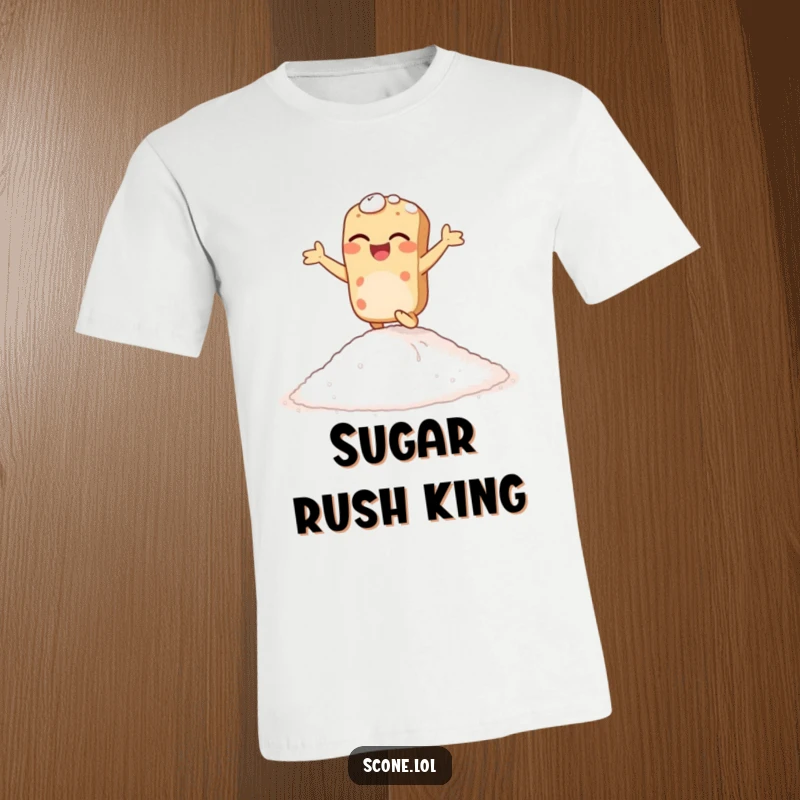 Funny giggling scone t-shirt, hopping energetically on a pile of sugar, showcasing pure joy and baked goodness.