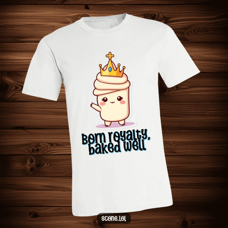 Funny t-shirt design of a crowned scone character striking a regal pose, exuding an air of humorous authority and charm.