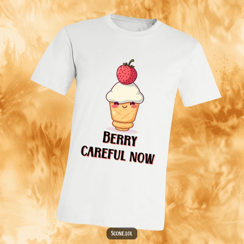 Funny scone t-shirt of a smiling scone attempting to balance a very wobbly berry on top, making it a funny gift.