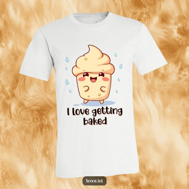 Funny scone character t-shirt, playfully dodging raindrops with a wide, infectious grin, embodying pure, unbothered joy.