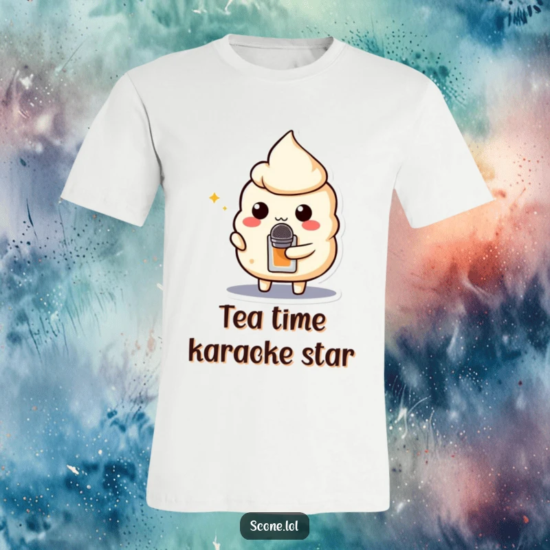 Funny t-shirt featuring a scone character holding a teabag as a microphone, ready to perform with confidence.