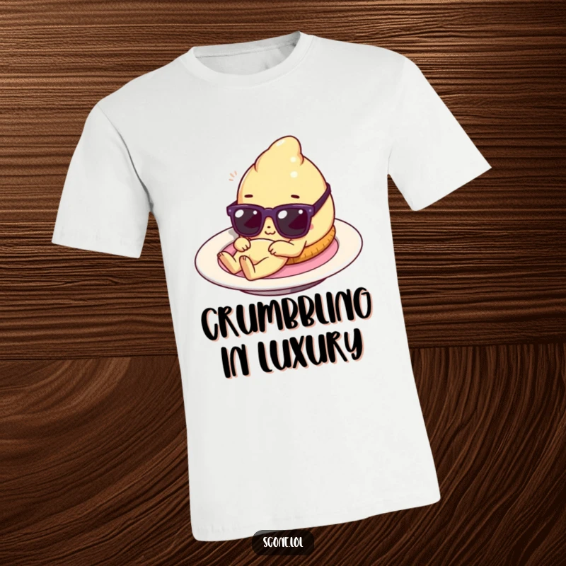 Funny scone character wearing sunglasses lounging on a plate, a humorous tee showcasing ultimate relaxation and baked good joy.