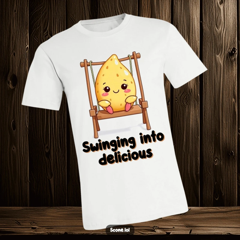 Funny Scone Swinging T-Shirt: A happy scone character is depicted joyfully swinging, exuding carefree fun. Perfect funny gift.