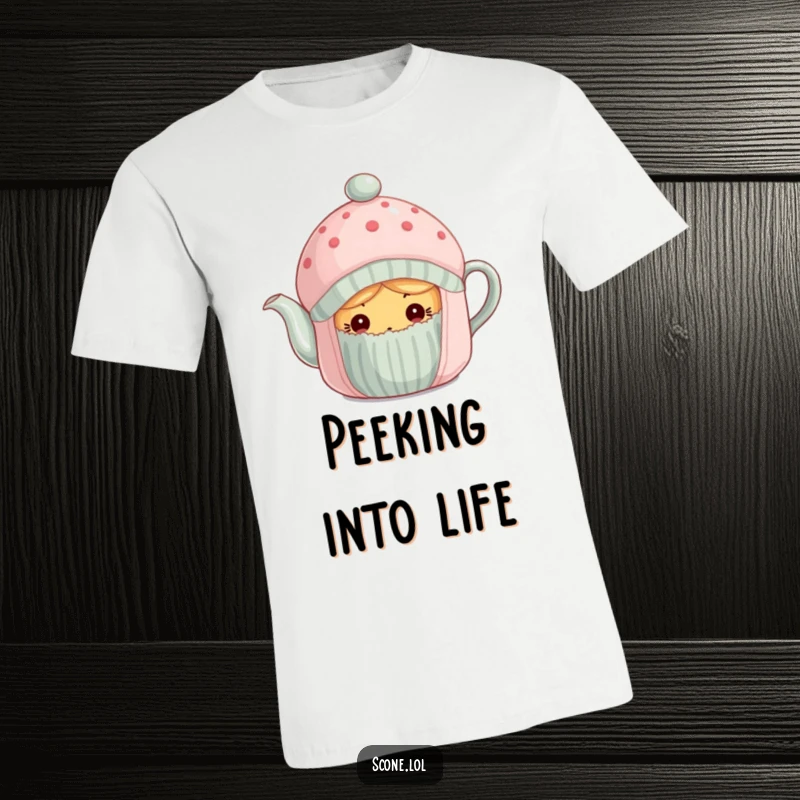 Funny scone curiously peeking from under a tea cozy on a t-shirt, showing innocent wonder.