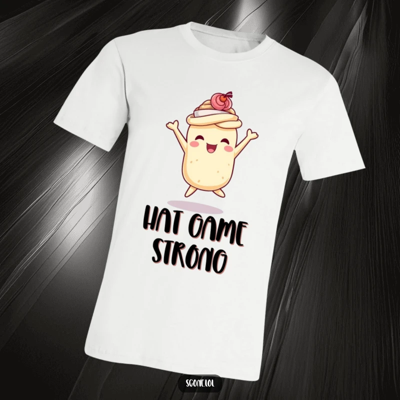 Funny scone t-shirt of a scone wearing a tiny teacup hat, captured mid-jump in pure delight, making it a funny gift.