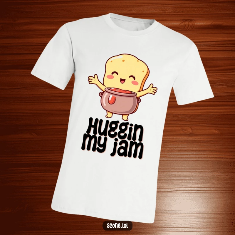 Funny Scone T-Shirt: A scone character hugs a jam pot with enthusiasm, showing devoted, delicious, funny affection.
