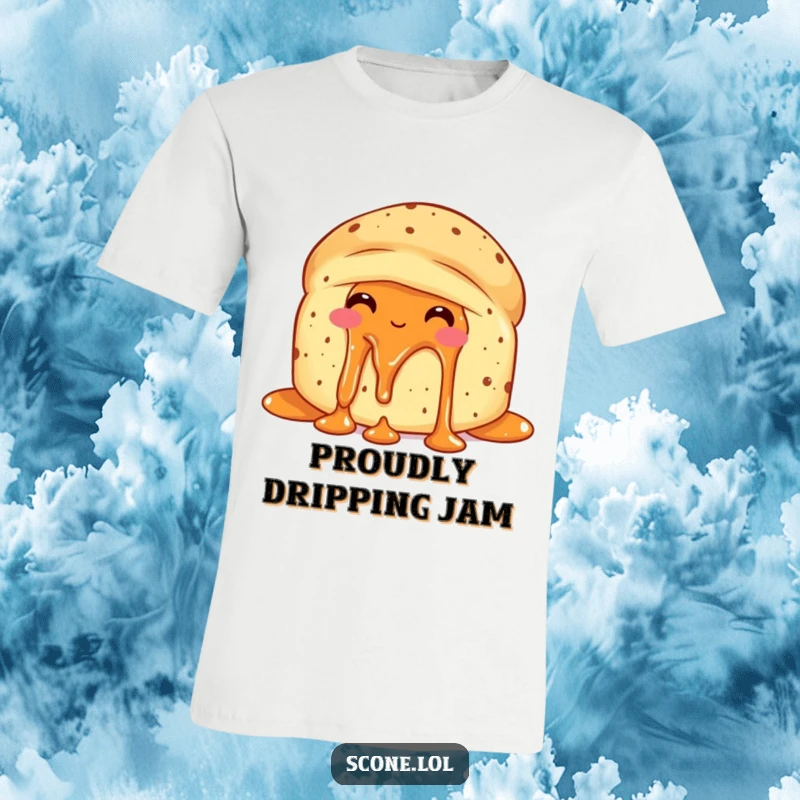Funny scone with jam dripping, looking delighted with itself on a t-shirt, celebrating deliciousness.
