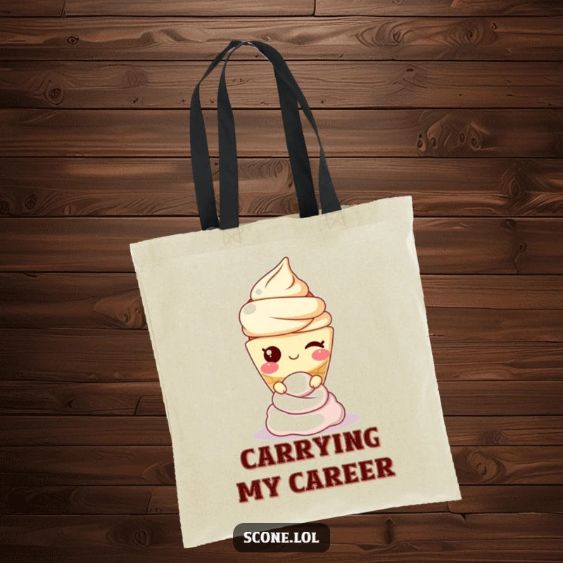 Funny scone character winking and balancing cream, a practical and humorous tote bag for shopping or daily use.