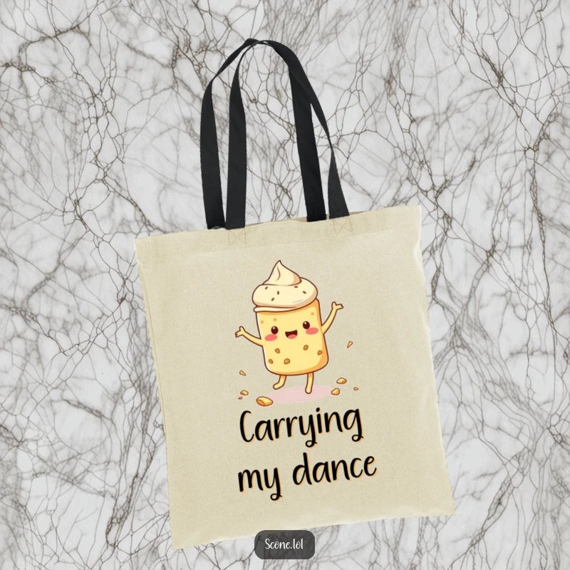 Funny scone tote bag featuring a scone dancing joyfully and dropping crumbs, perfect for carrying items with a humorous touch.