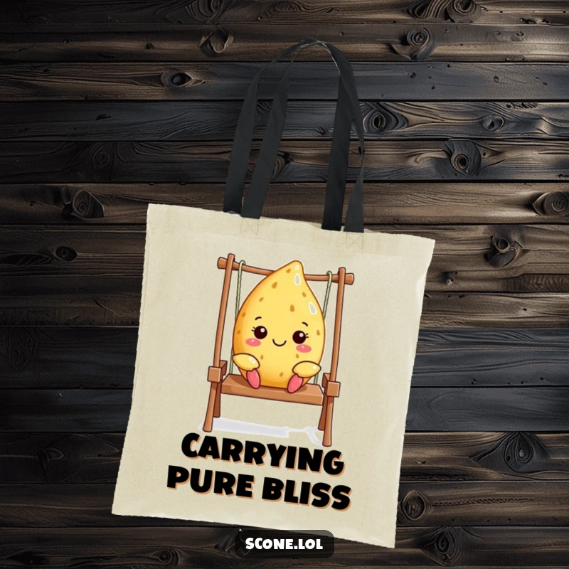 Funny Scone Swing Tote Bag: A happy scone character enjoys a swing, making this tote bag a symbol of pure joy. Funny gift.