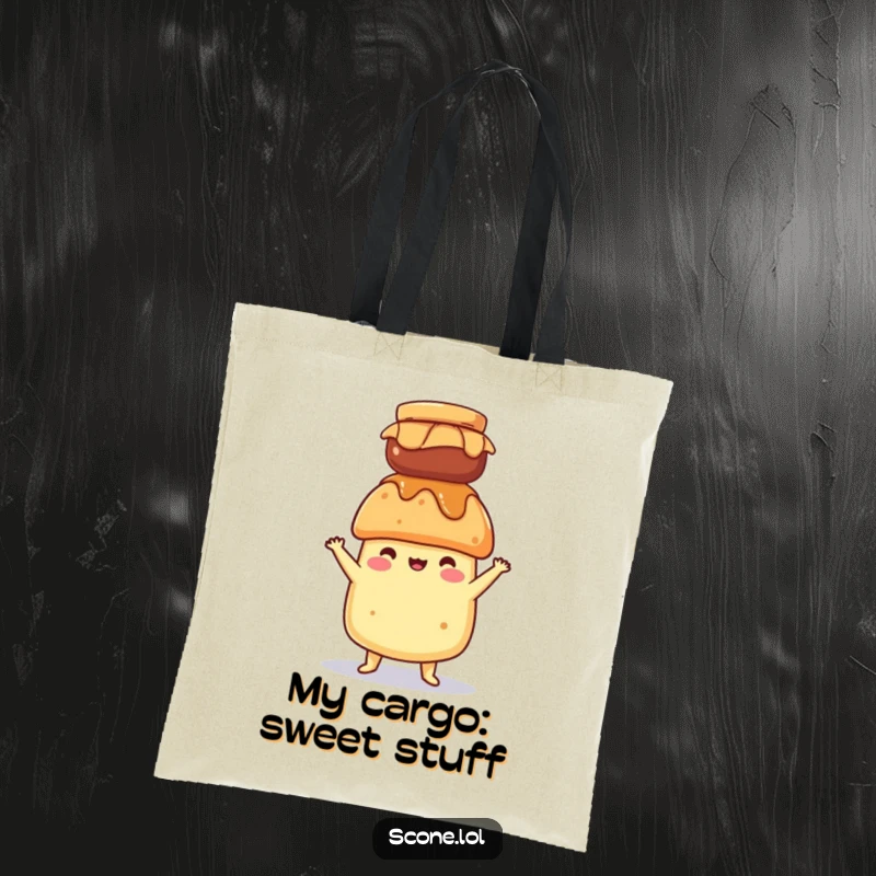 Funny tote bag depicting a scone character balancing a jar of jam on its head, perfect for carrying daily items securely.
