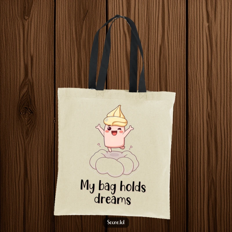 Funny tote bag depicting a scone character joyfully leaping into a dollop of cream, perfect for carrying daily delights.