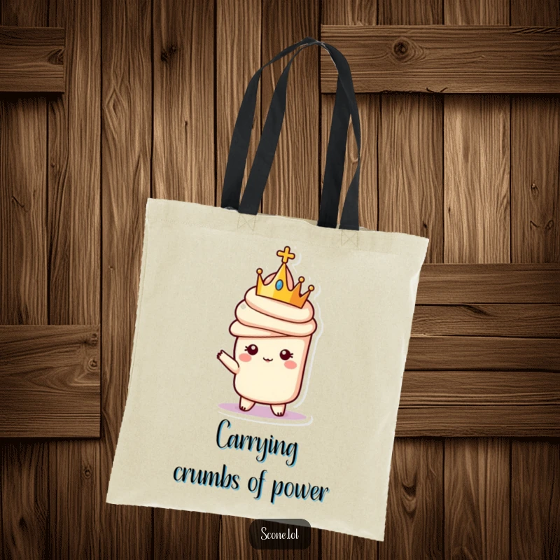 Funny tote bag featuring a scone character with a tiny crown, posing regally, perfect for carrying treasures with royal flair.
