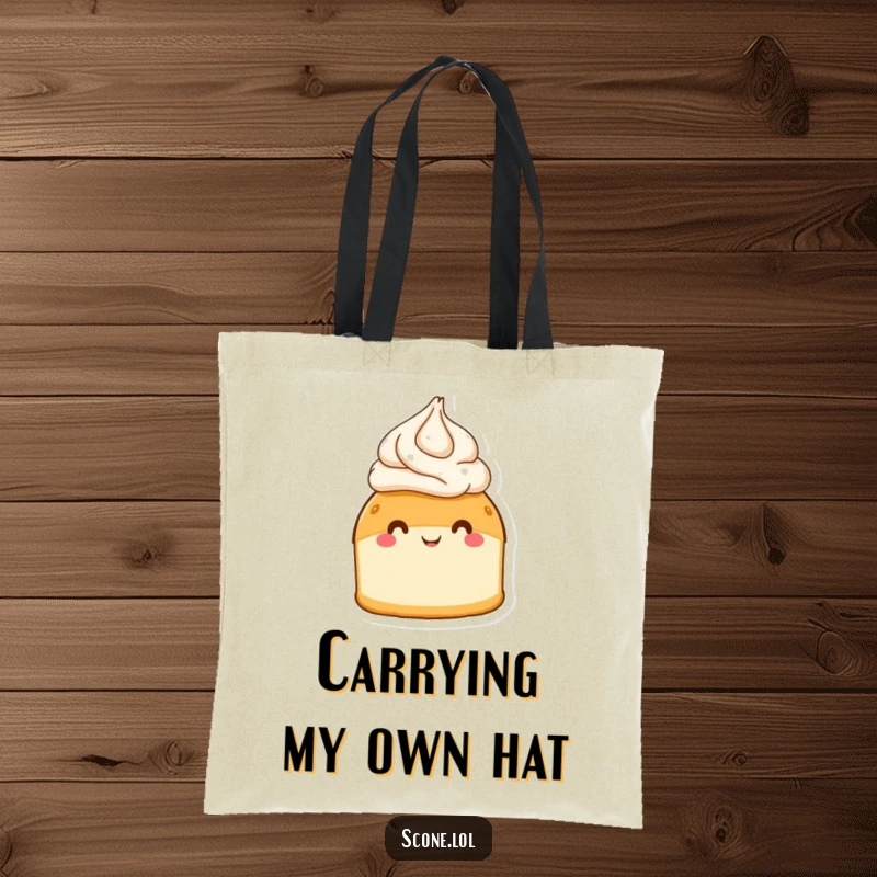 Funny scone with a cream hat, beaming brightly on a durable tote bag, ideal for shopping and everyday use.