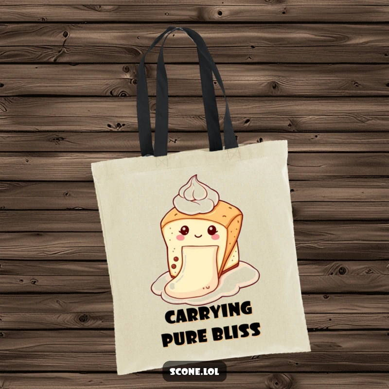 Funny scone tote bag showing a scone sliding down a dollop of cream like a slide, perfect for errands and as a funny gift.