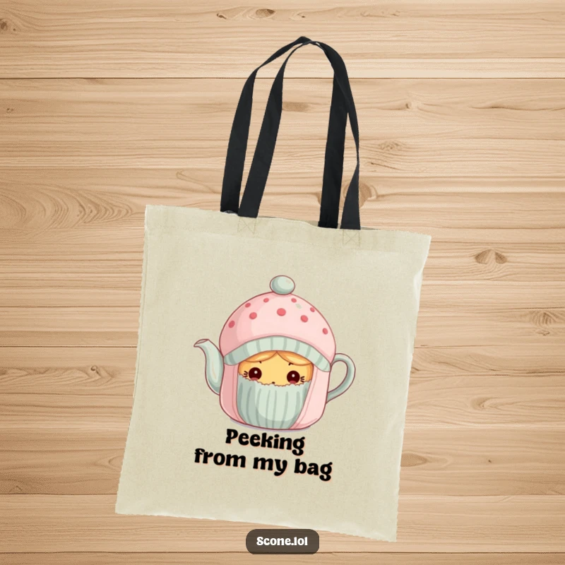 Funny scone curiously peeking from under a tea cozy on a durable tote bag, great for shopping.