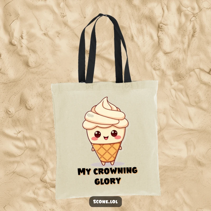 Funny tote bag with a scone character sporting a cream hat, perfect for carrying groceries with a dash of baked goods flair.