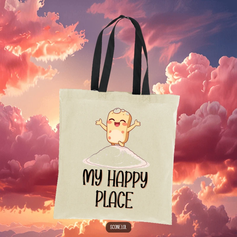 Funny giggling scone tote bag, showing a scone hopping enthusiastically on sugar, a delightful and humorous accessory.